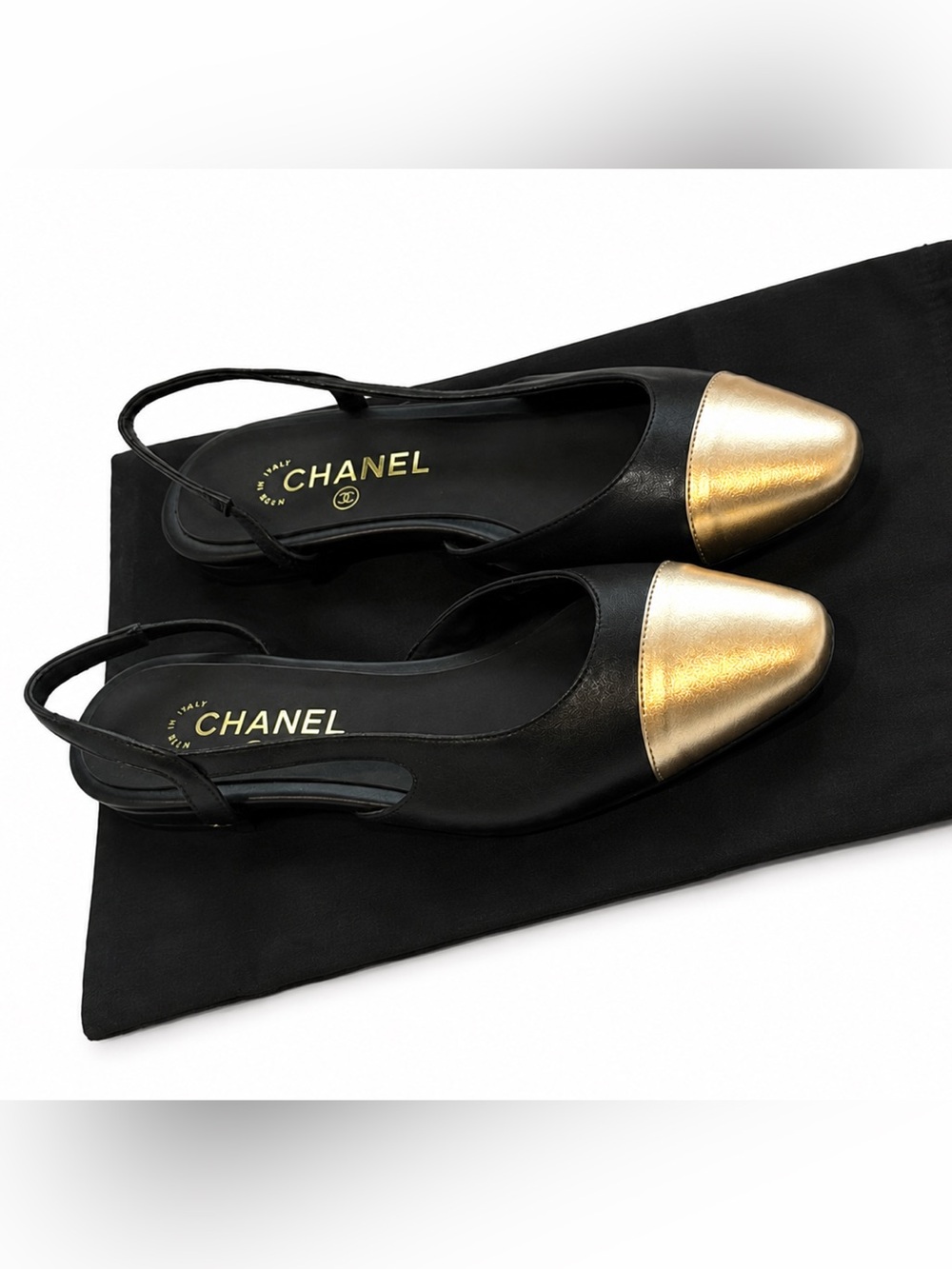 Chanel CC Black/Gold Leather Slingback Flats EU42C US10.5 10